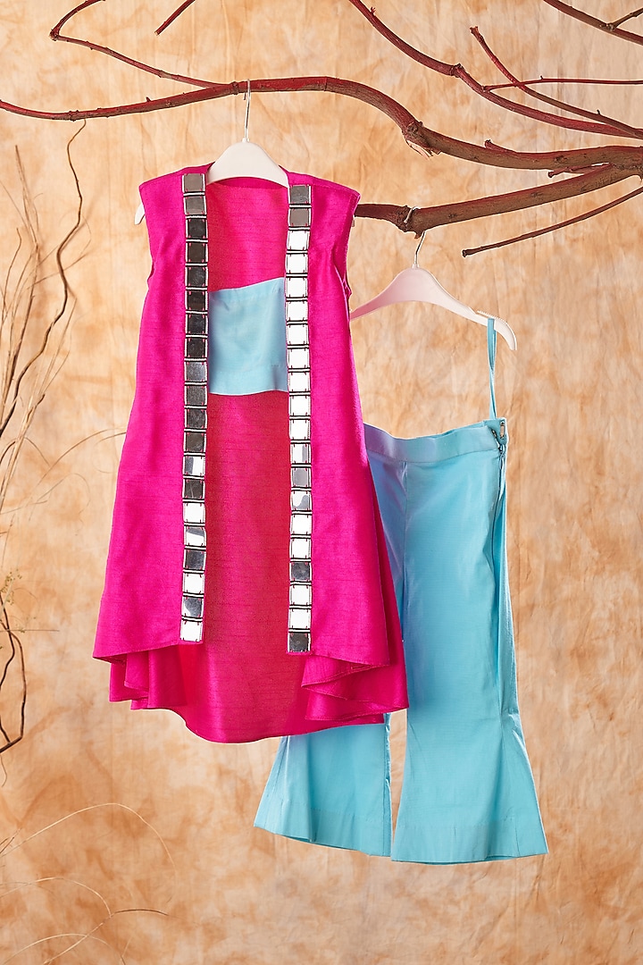 Blue Cambric & Dupion Silk Pant Set For Girls by TURQIDZ