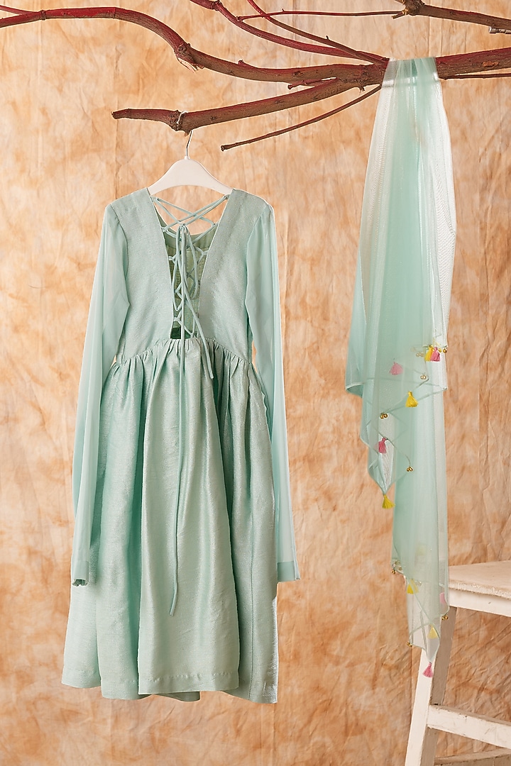 Sage Green Dupion Silk Anarkali Set For Girls by TURQIDZ at Pernia's Pop Up Shop
