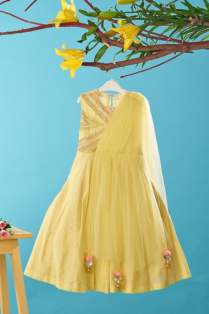 Yellow Chanderi Gown For Girls by TURQIDZ