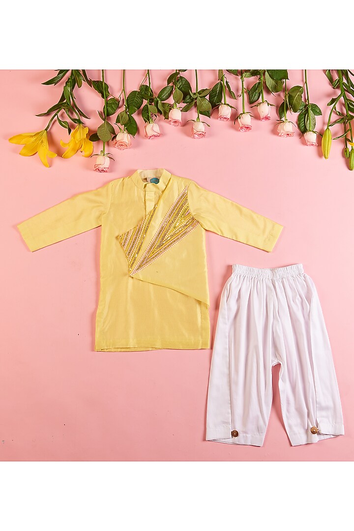 Yellow Chanderi Embroidered Kurta Set For Boys by TURQIDZ at Pernia's Pop Up Shop
