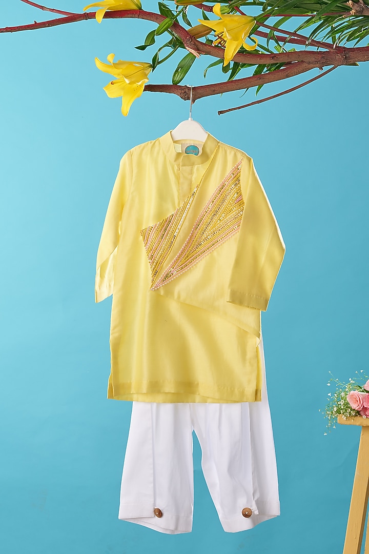 Yellow Chanderi Embroidered Kurta Set For Boys by TURQIDZ at Pernia's Pop Up Shop