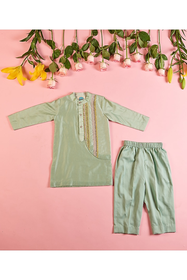 Sage Green Chanderi Embroidered Kurta Set For Boys by TURQIDZ at Pernia's Pop Up Shop