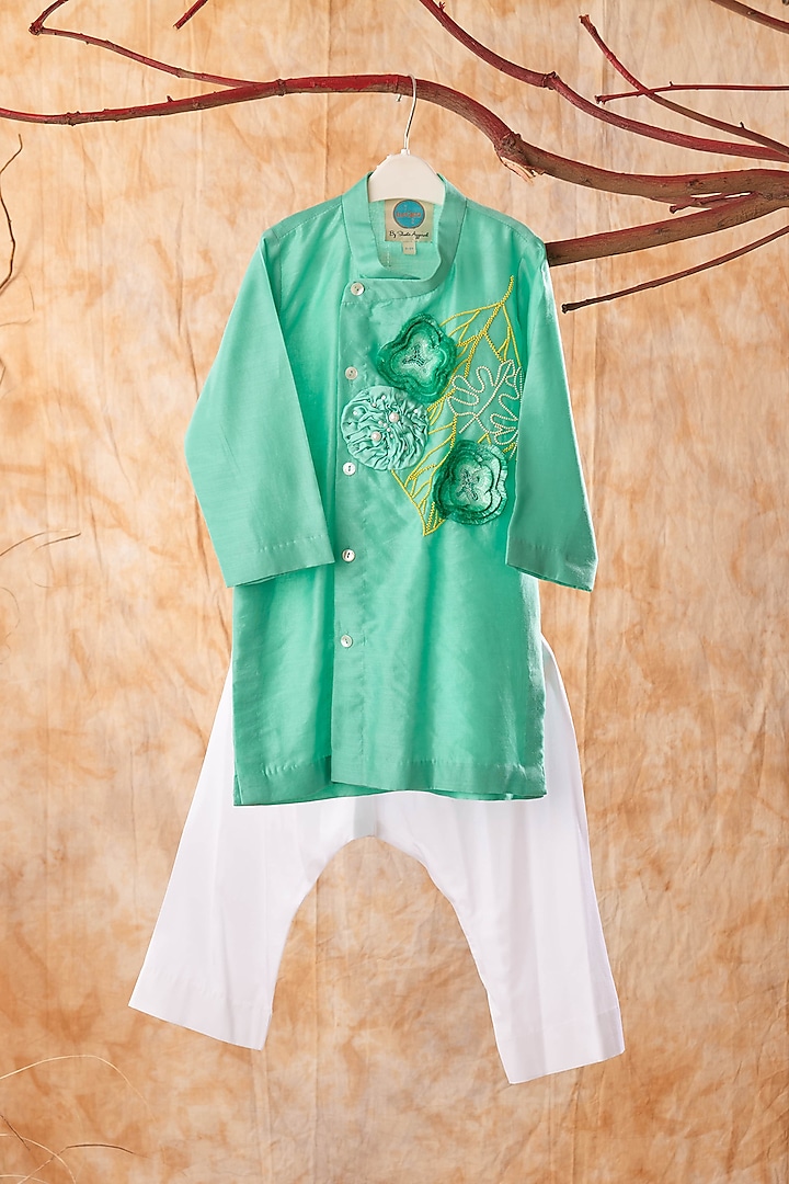 Green Chanderi Embroidered Kurta Set For Boys by TURQIDZ