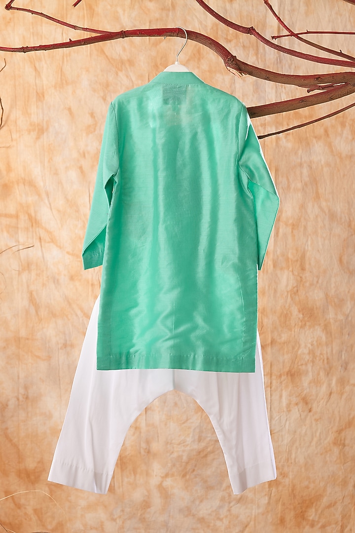 Green Chanderi Embroidered Kurta Set For Boys by TURQIDZ at Pernia's Pop Up Shop