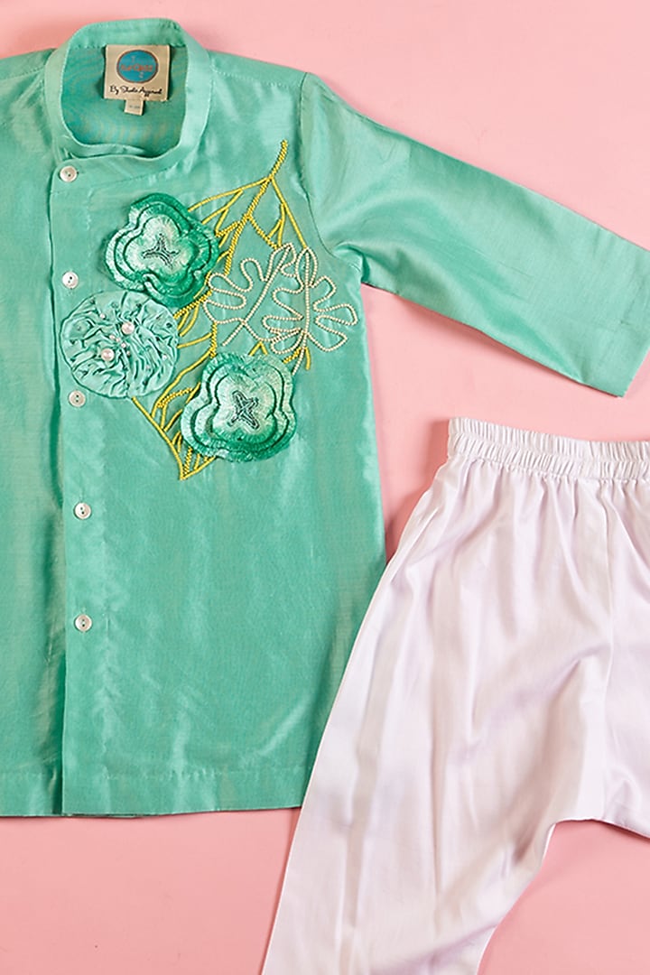 Green Chanderi Embroidered Kurta Set For Boys by TURQIDZ at Pernia's Pop Up Shop