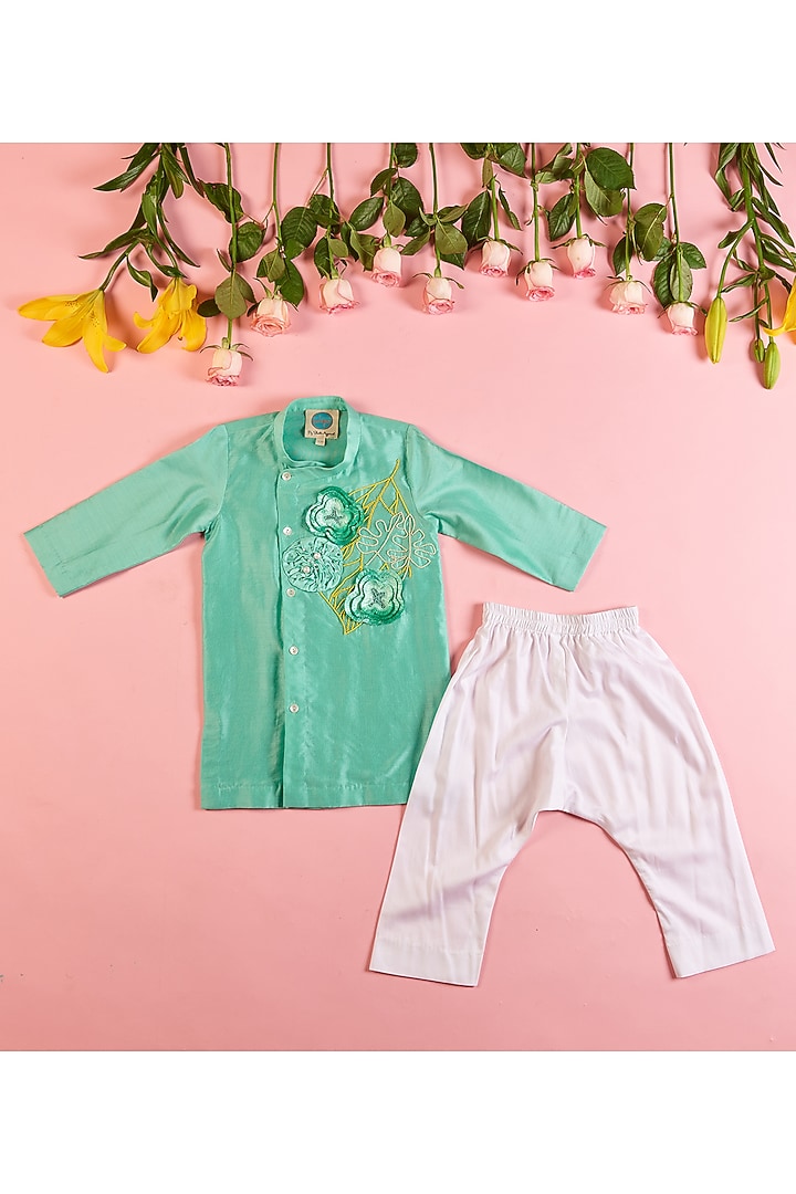 Green Chanderi Embroidered Kurta Set For Boys by TURQIDZ at Pernia's Pop Up Shop