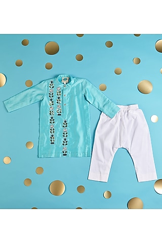 Blue Chanderi Embroidered Kurta Set For Boys by TURQIDZ