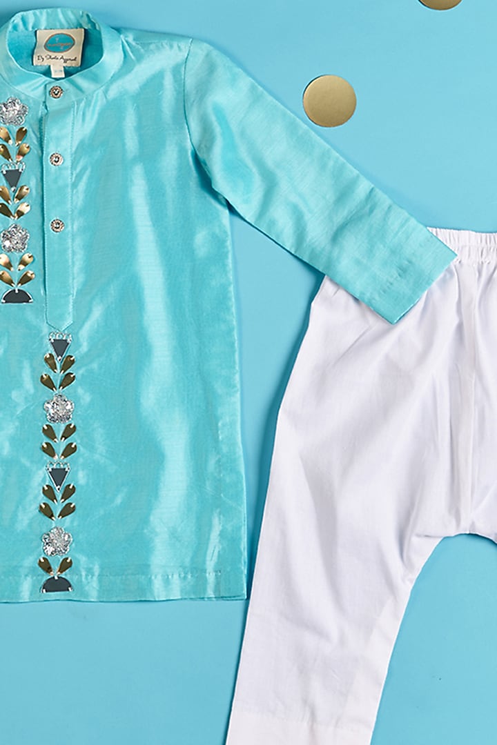 Blue Chanderi Embroidered Kurta Set For Boys by TURQIDZ at Pernia's Pop Up Shop