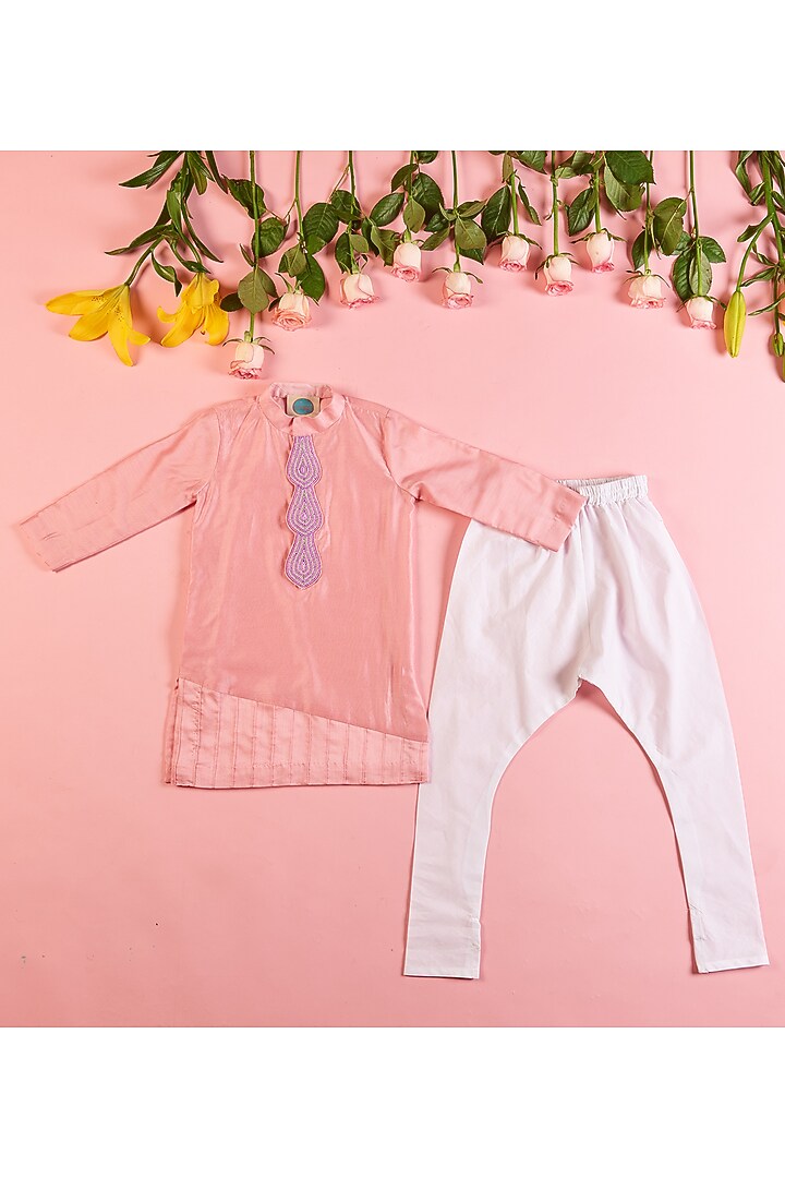 Blush Pink Chanderi Embroidered Kurta Set For Boys by TURQIDZ at Pernia's Pop Up Shop
