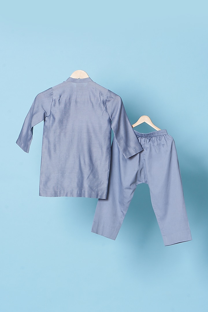 Grey Chanderi & Cotton Satin Embroidered Kurta Set For Boys by TURQIDZ at Pernia's Pop Up Shop