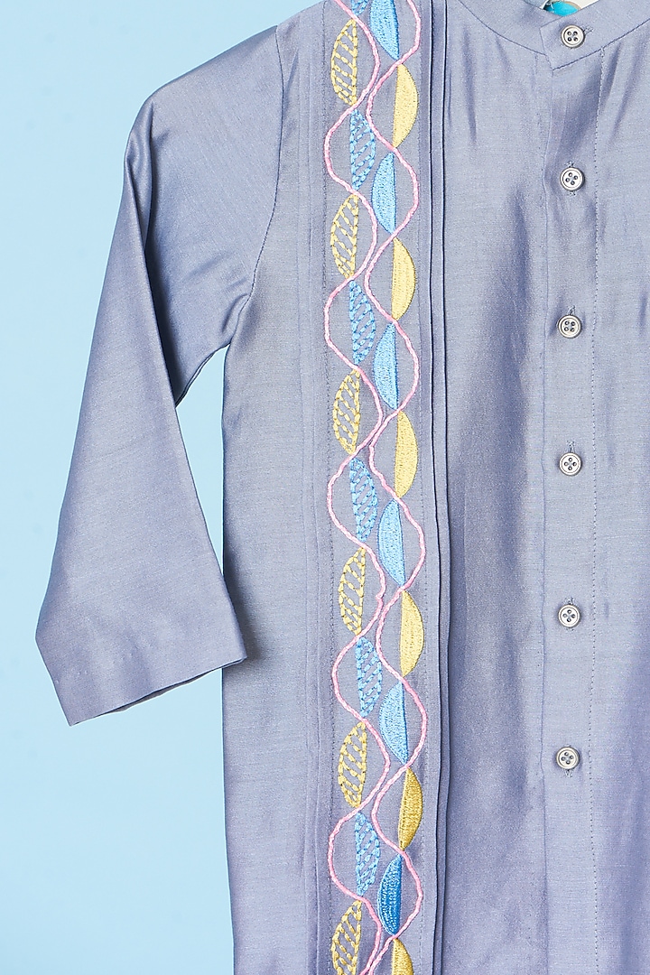 Grey Chanderi & Cotton Satin Embroidered Kurta Set For Boys by TURQIDZ at Pernia's Pop Up Shop