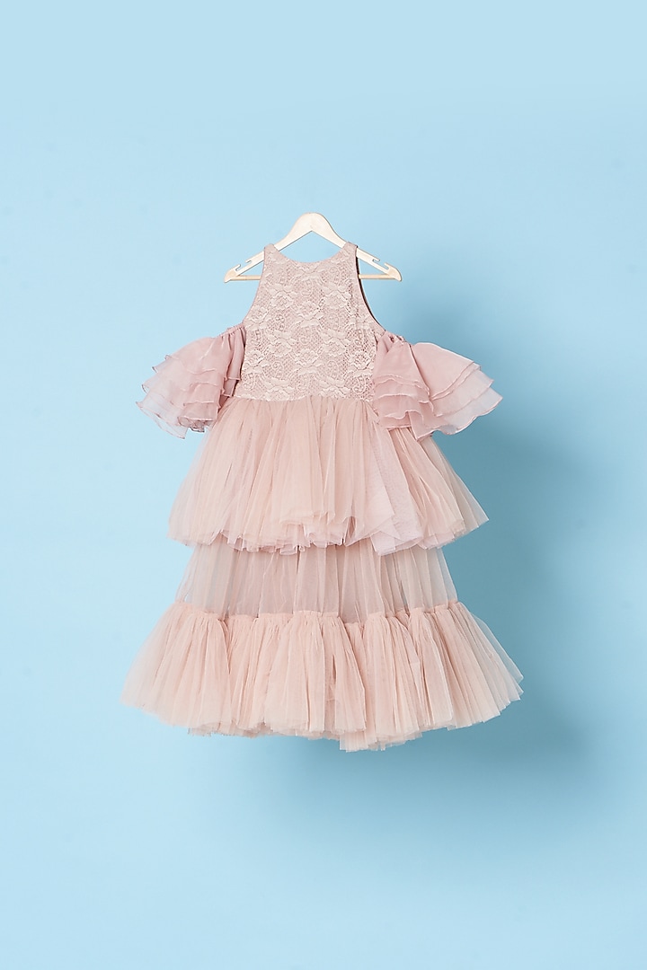 Champagne Embroidered Flared Gown For Girls by TURQIDZ at Pernia's Pop Up Shop
