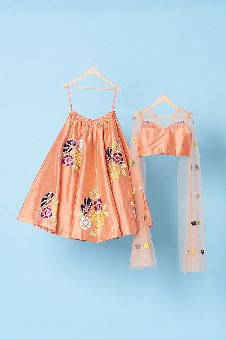 Peach Embroidered Lehenga Set For Girls by TURQIDZ at Pernia's Pop Up Shop
