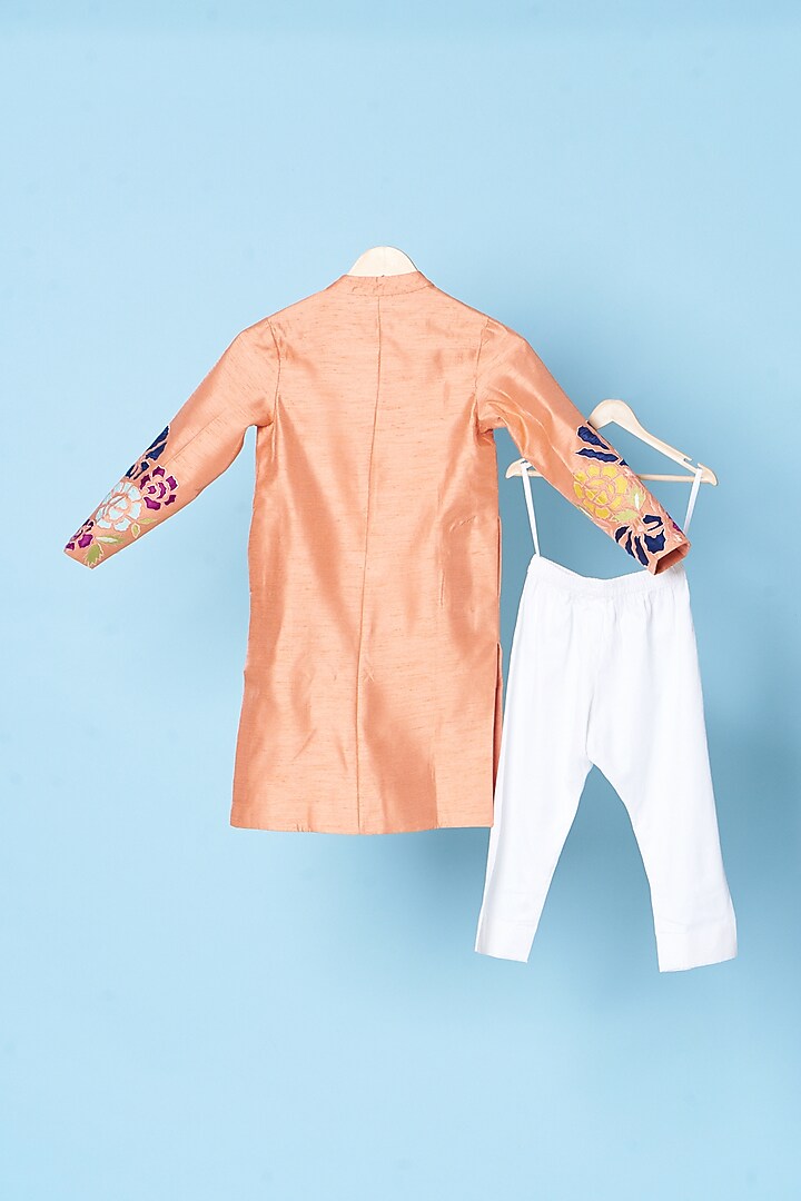 Peach Dupion Raw Silk & Cotton Satin Embroidered Kurta Set For Boys by TURQIDZ at Pernia's Pop Up Shop