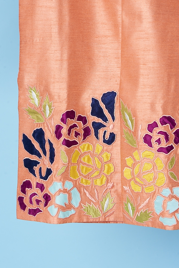 Peach Dupion Raw Silk & Cotton Satin Embroidered Kurta Set For Boys by TURQIDZ at Pernia's Pop Up Shop