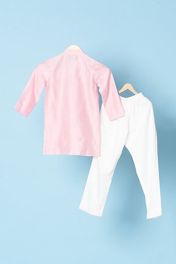 Baby Pink Chanderi & Cotton Satin Embroidered Kurta Set For Boys by TURQIDZ at Pernia's Pop Up Shop