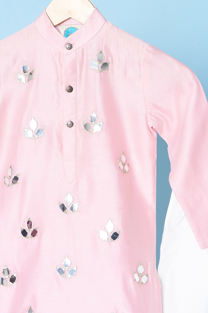 Baby Pink Chanderi & Cotton Satin Embroidered Kurta Set For Boys by TURQIDZ at Pernia's Pop Up Shop