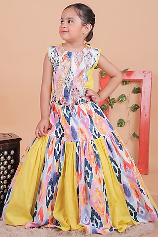 Multi-Colored Cotton Color-Blocked Lehenga Set For Girls by TURQIDZ