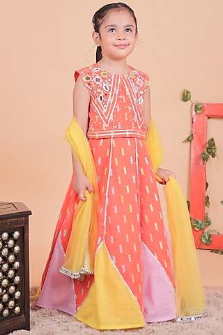 Multi-Colored Cotton Color-Blocked Lehenga Set For Girls by TURQIDZ