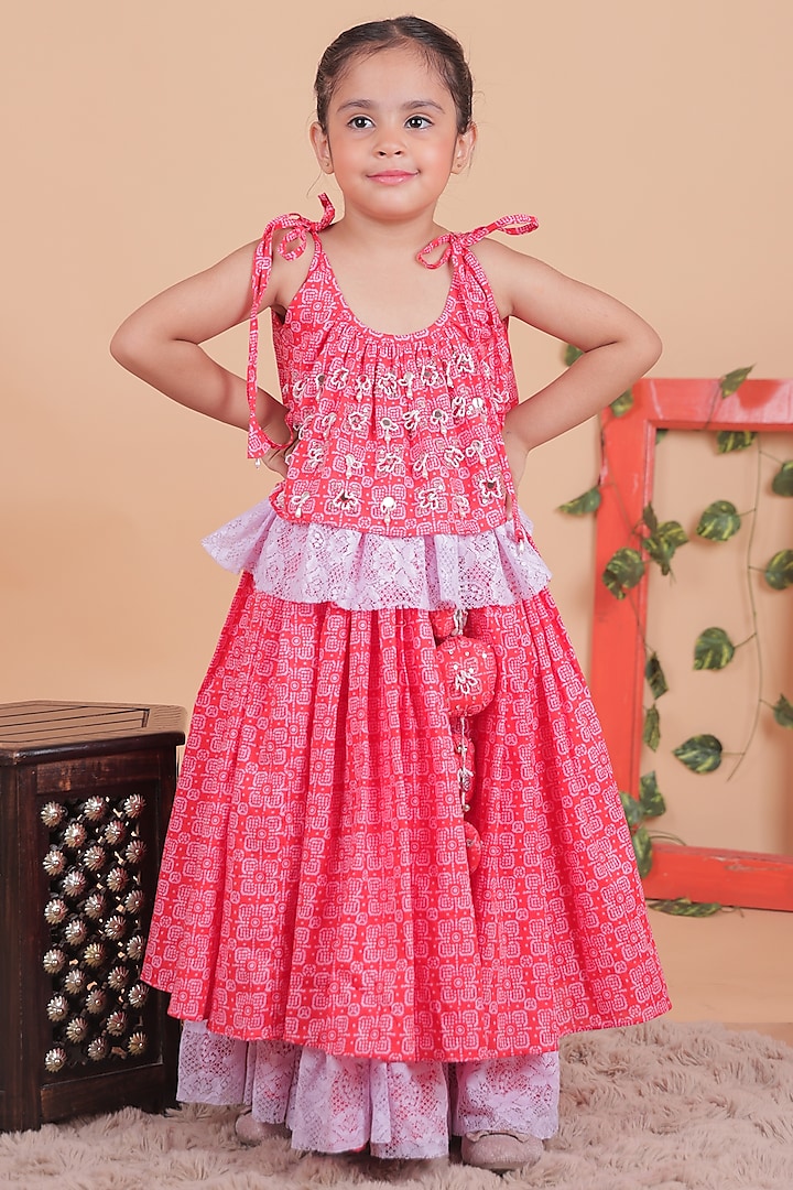 Red & Lilac Cotton Bandhani Lehenga Set For Girls by TURQIDZ at Pernia's Pop Up Shop