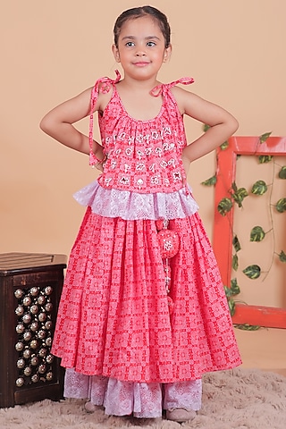 Red & Lilac Cotton Bandhani Lehenga Set For Girls by TURQIDZ
