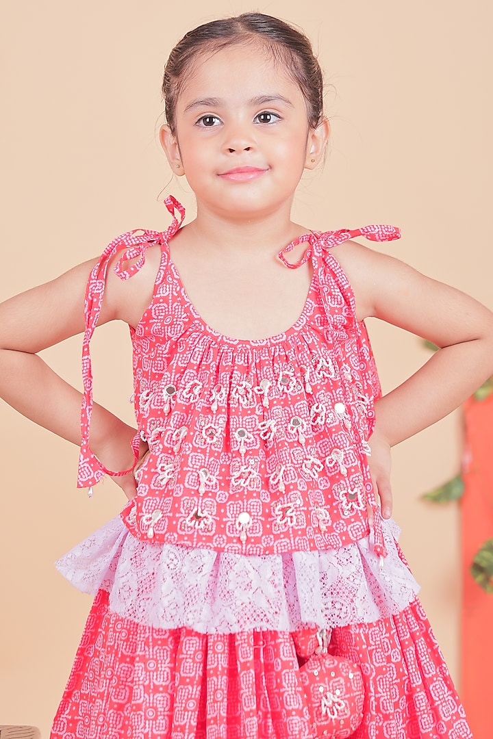 Red & Lilac Cotton Bandhani Lehenga Set For Girls by TURQIDZ at Pernia's Pop Up Shop