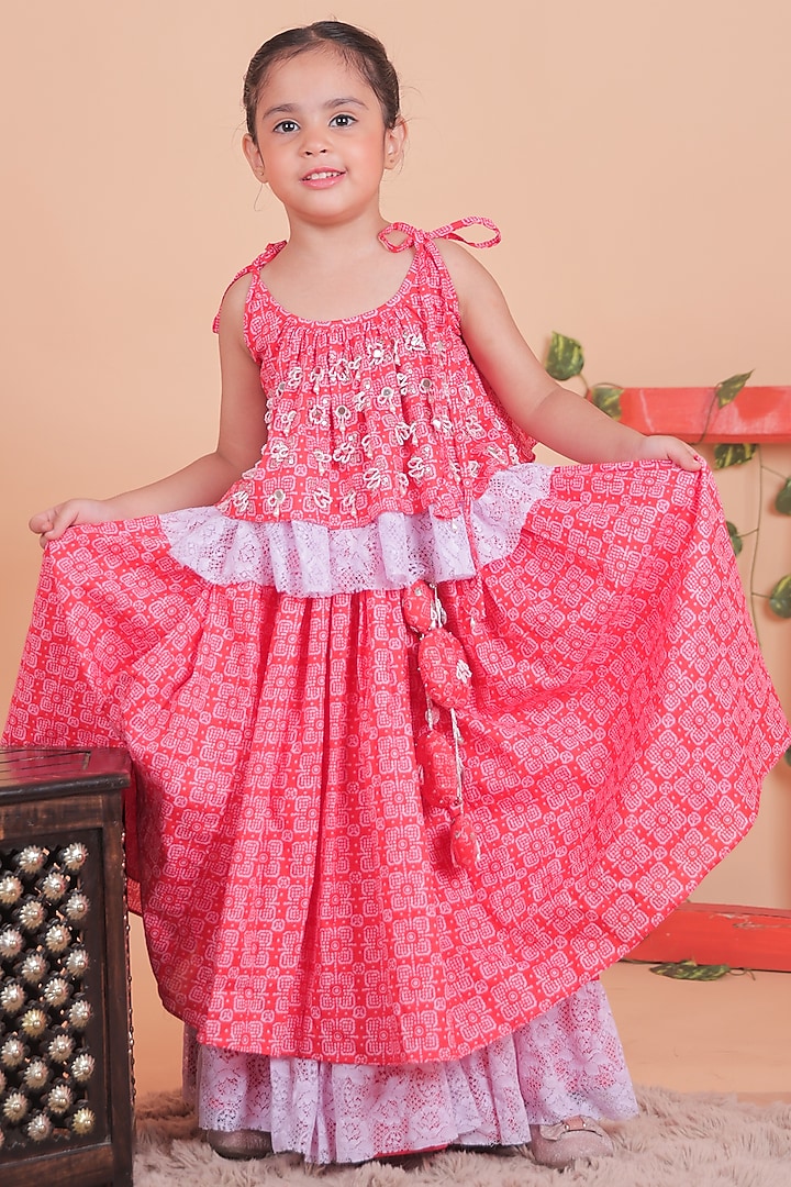 Red & Lilac Cotton Bandhani Lehenga Set For Girls by TURQIDZ at Pernia's Pop Up Shop