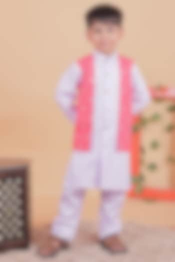 Red & Lilac Cotton Embellished Kurta Set For Boys by TURQIDZ at Pernia's Pop Up Shop