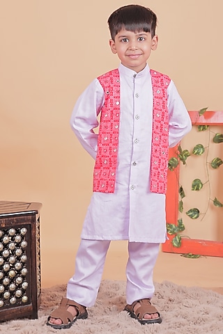 Red & Lilac Cotton Embellished Kurta Set For Boys by TURQIDZ