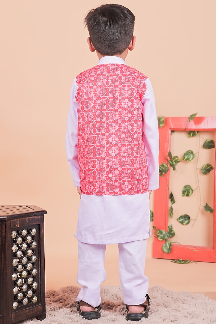 Red & Lilac Cotton Embellished Kurta Set For Boys by TURQIDZ at Pernia's Pop Up Shop