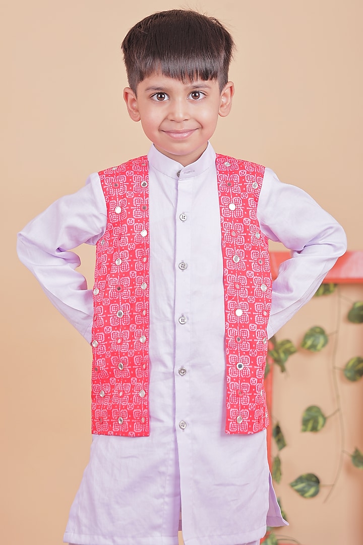 Red & Lilac Cotton Embellished Kurta Set For Boys by TURQIDZ at Pernia's Pop Up Shop