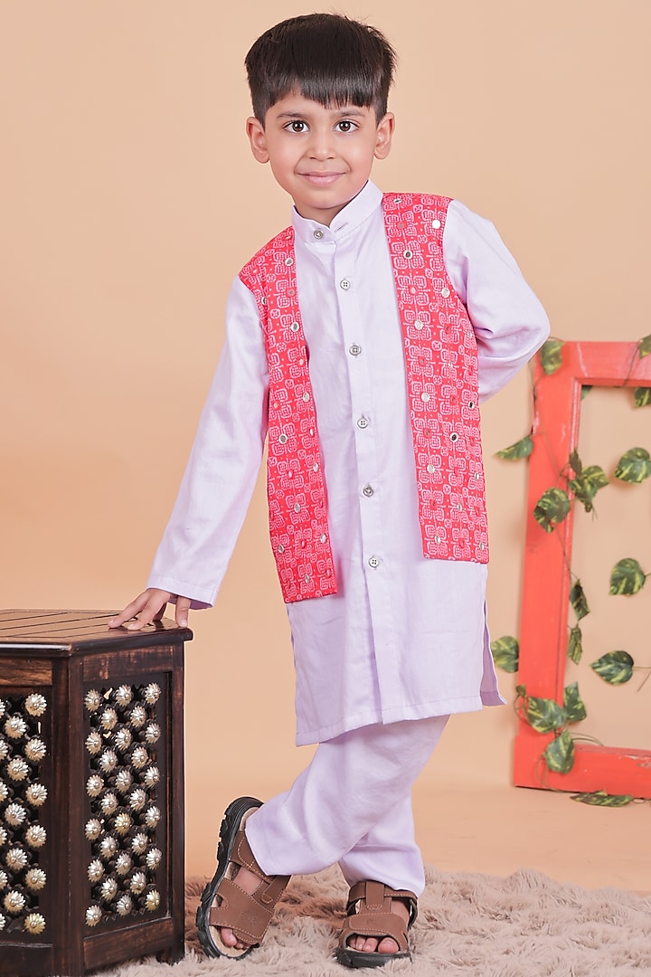 Red & Lilac Cotton Embellished Kurta Set For Boys by TURQIDZ at Pernia's Pop Up Shop