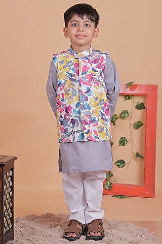 Multi-Colored Cotton Embroidered Jacket Set For Boys by TURQIDZ