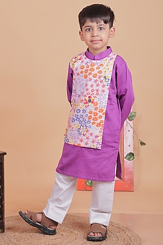Multi-Colored Cotton Satin Embroidered Kurta Set For Boys by TURQIDZ
