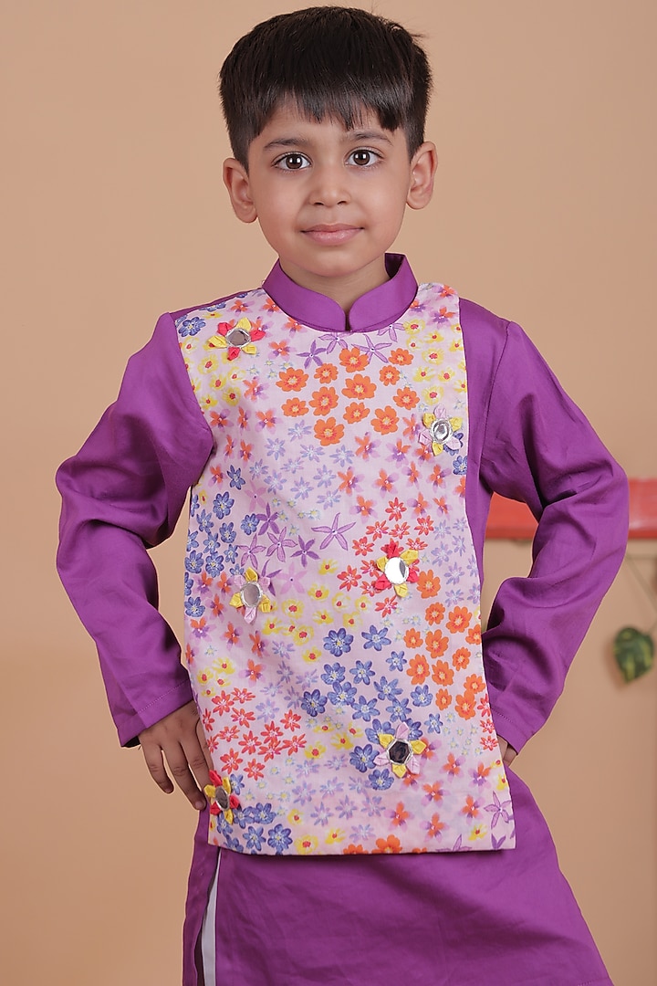 Multi-Colored Cotton Satin Embroidered Kurta Set For Boys by TURQIDZ at Pernia's Pop Up Shop