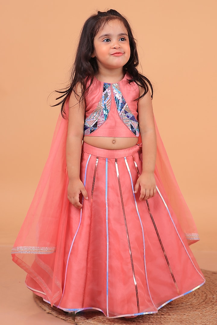 Pastel Pink Dupion Silk Embroidered Lehenga Set For Girls by TURQIDZ