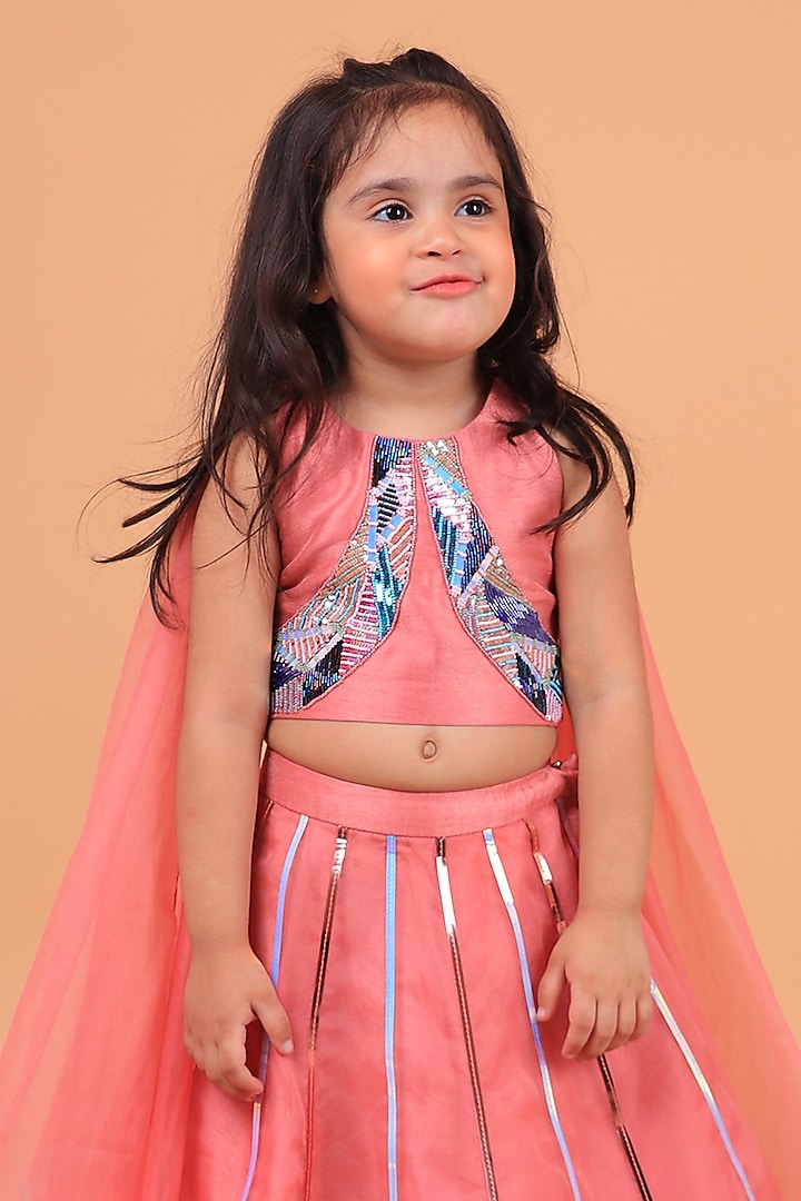 Pastel Pink Dupion Silk Embroidered Lehenga Set For Girls by TURQIDZ at Pernia's Pop Up Shop
