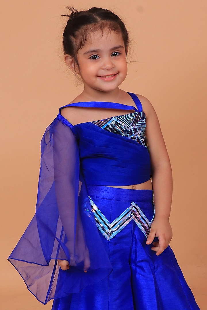 Electric Blue Dupion Silk Embroidered Sharara Set For Girls by TURQIDZ at Pernia's Pop Up Shop