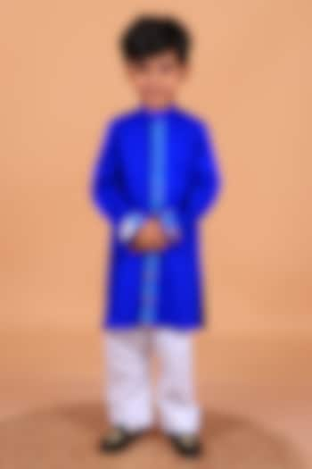 Electric Blue Poplin Cotton Embellished Kurta Set For Boys by TURQIDZ at Pernia's Pop Up Shop