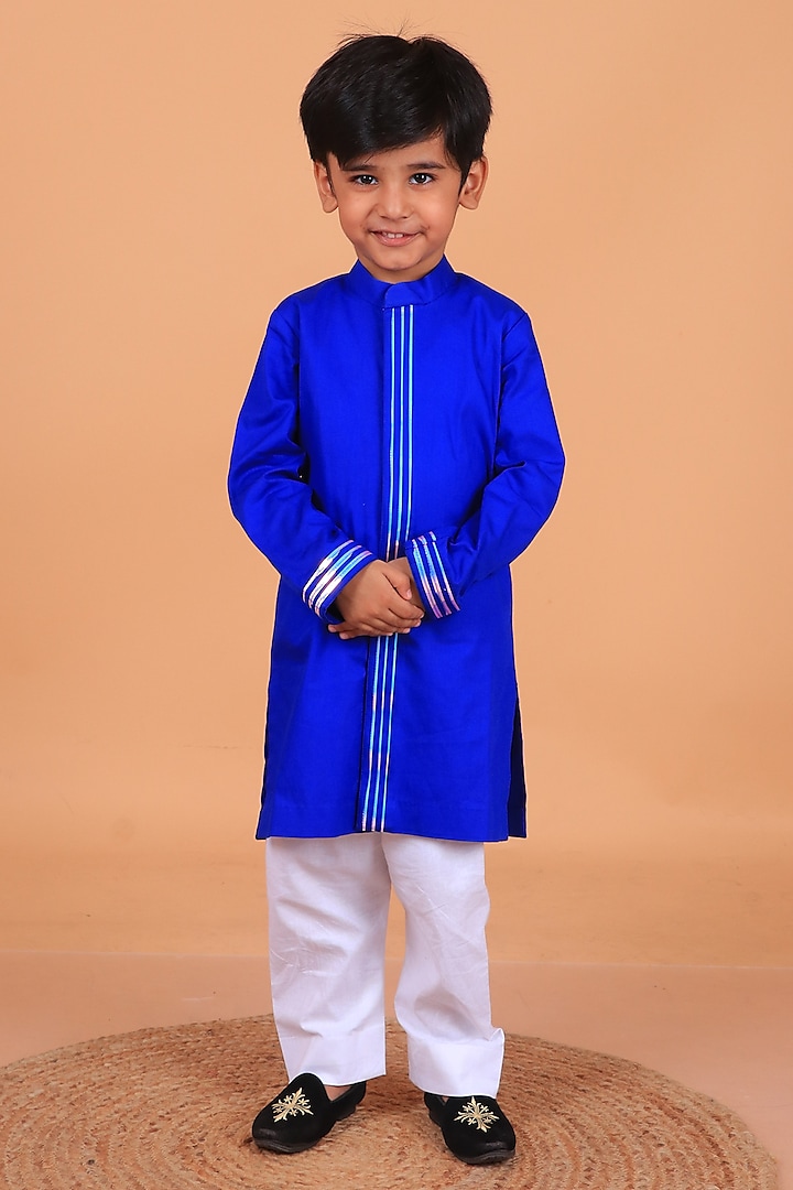 Electric Blue Poplin Cotton Embellished Kurta Set For Boys by TURQIDZ at Pernia's Pop Up Shop