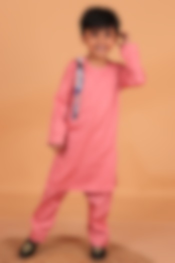 Pastel Pink Cotton Satin Embellished Kurta Set For Boys by TURQIDZ at Pernia's Pop Up Shop