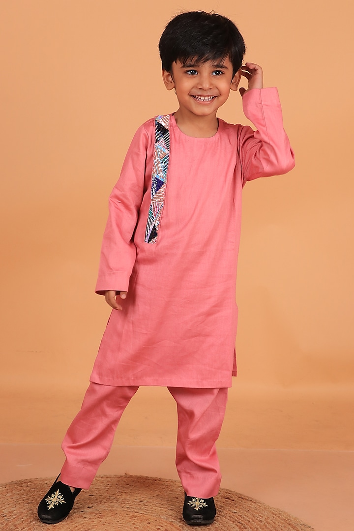 Pastel Pink Cotton Satin Embellished Kurta Set For Boys by TURQIDZ at Pernia's Pop Up Shop