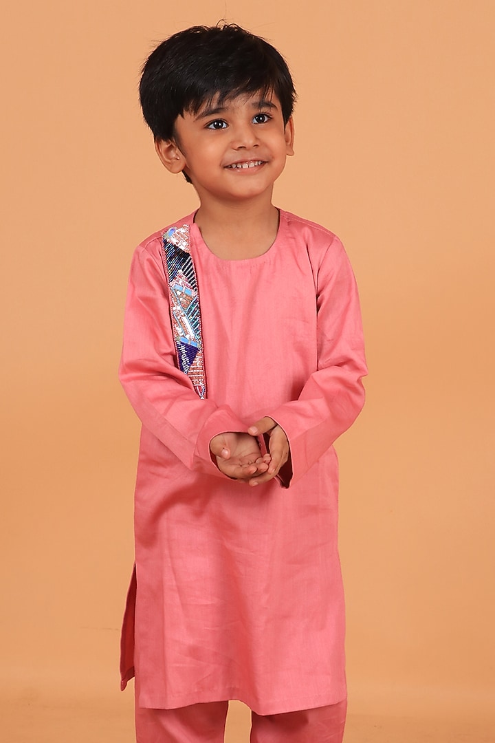 Pastel Pink Cotton Satin Embellished Kurta Set For Boys by TURQIDZ at Pernia's Pop Up Shop