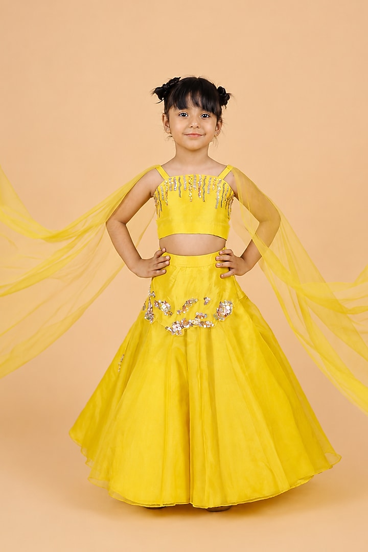 Yellow Uppada Silk Embroidered Lehenga Set For Girls by TURQIDZ at Pernia's Pop Up Shop
