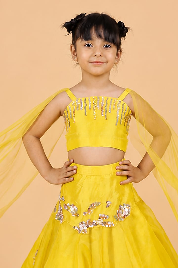 Yellow Uppada Silk Embroidered Lehenga Set For Girls by TURQIDZ at Pernia's Pop Up Shop
