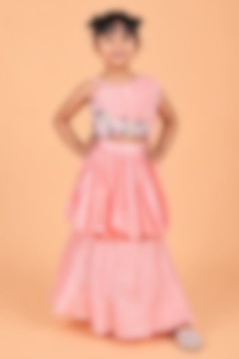 Baby Pink Uppada Silk Embroidered Balloon Skirt Set For Girls by TURQIDZ at Pernia's Pop Up Shop