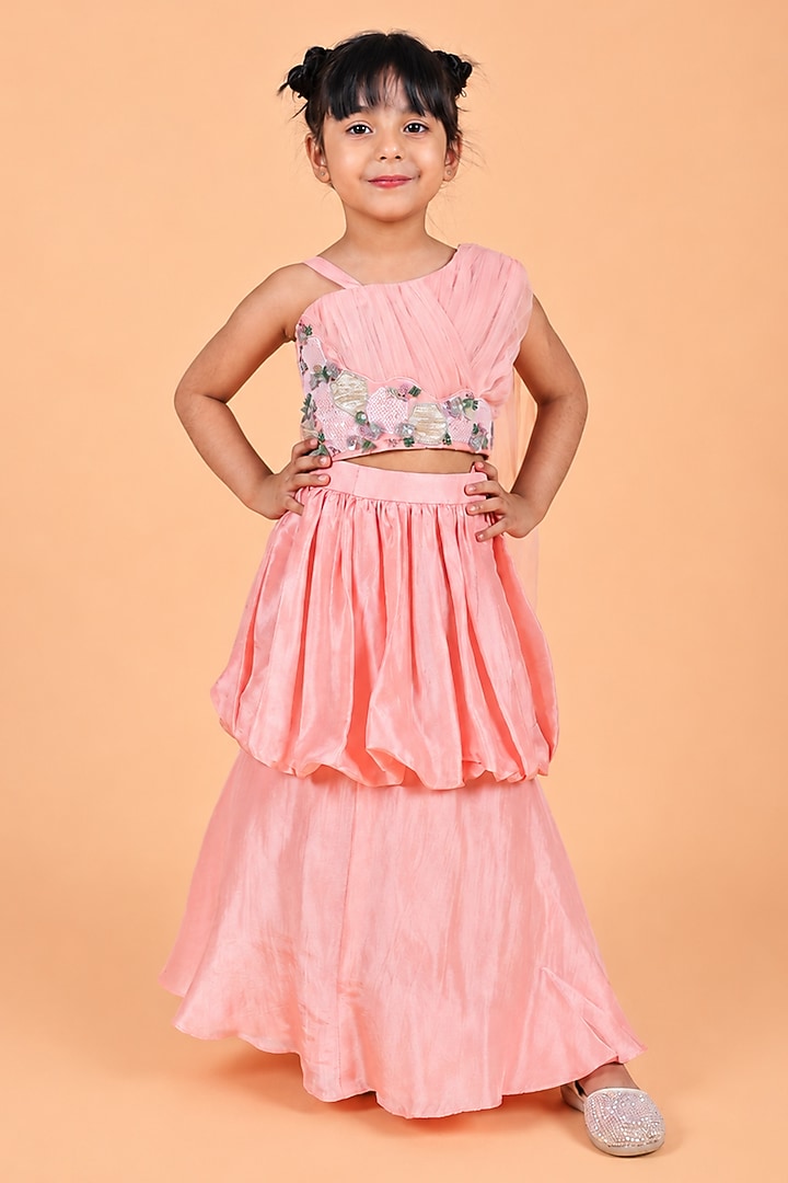 Baby Pink Uppada Silk Embroidered Balloon Skirt Set For Girls by TURQIDZ at Pernia's Pop Up Shop