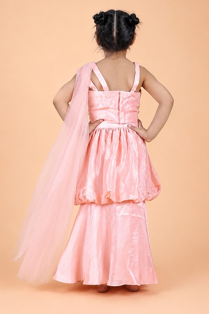 Baby Pink Uppada Silk Embroidered Balloon Skirt Set For Girls by TURQIDZ at Pernia's Pop Up Shop