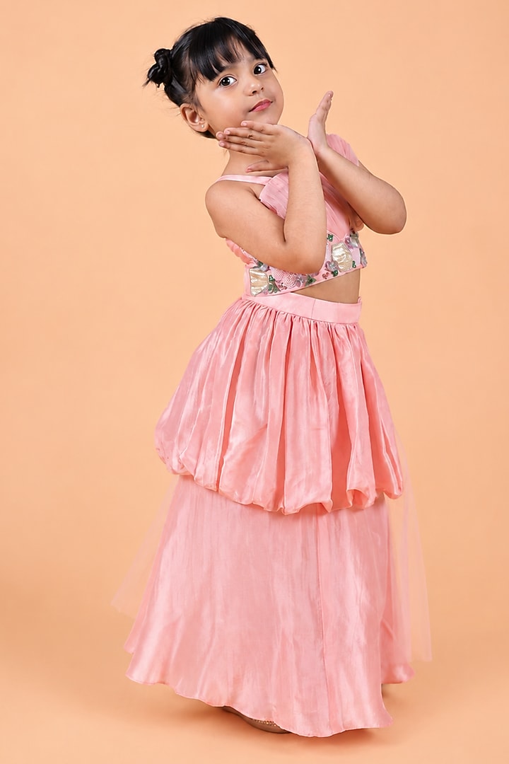 Baby Pink Uppada Silk Embroidered Balloon Skirt Set For Girls by TURQIDZ at Pernia's Pop Up Shop