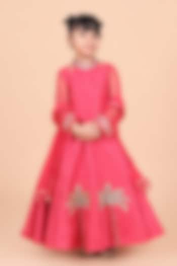 Red Dupion Silk Embroidered Anarkali Set For Girls by TURQIDZ at Pernia's Pop Up Shop